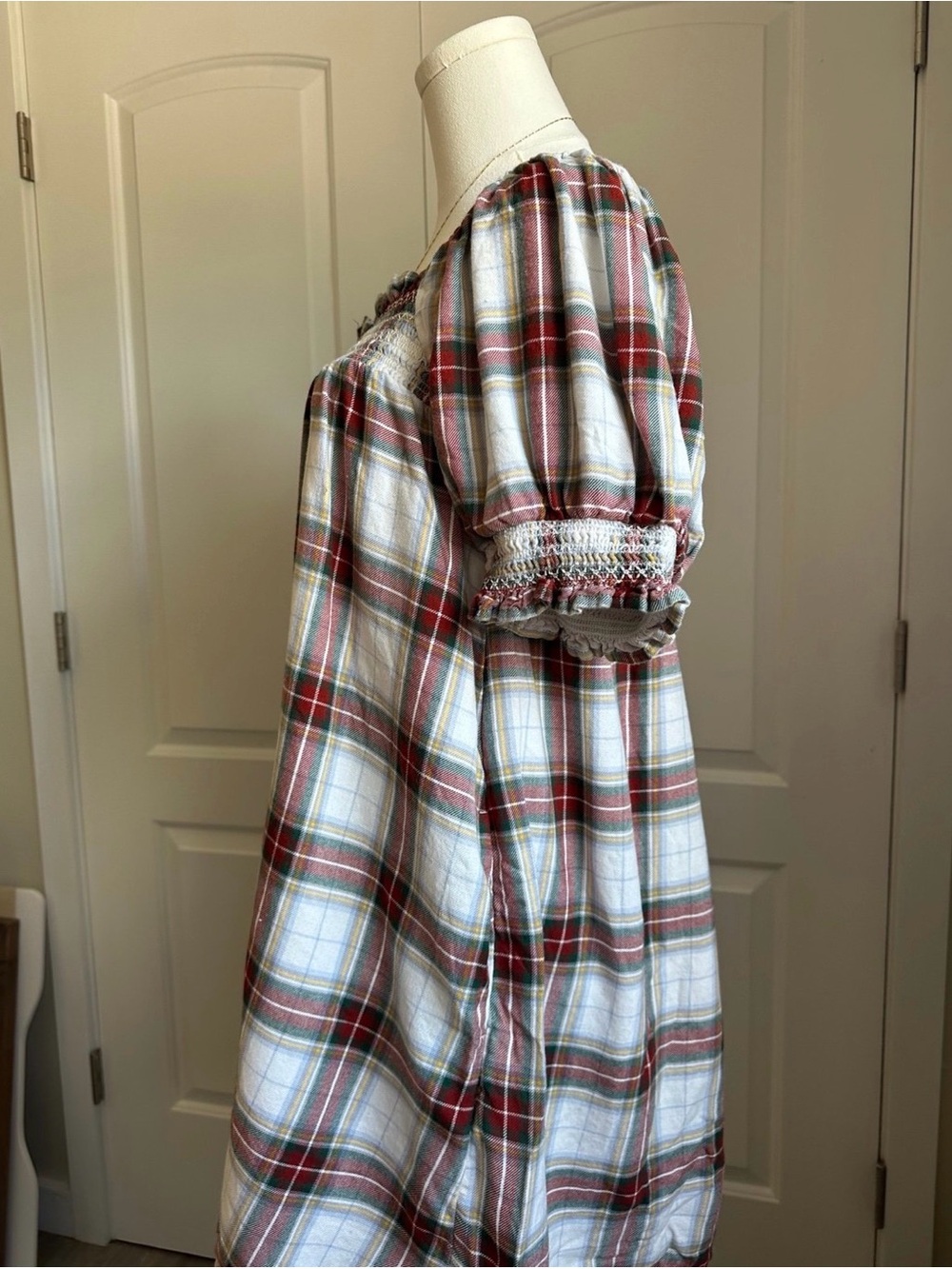American Eagle Outfitters Plaid Smocked Peasant Dress in Red, Green, White - Picture 5 of 8